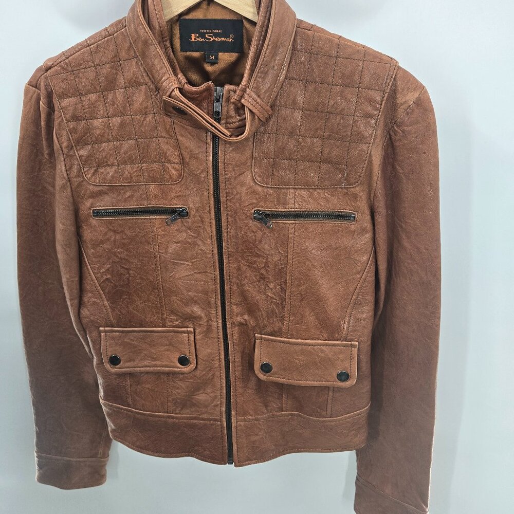 Vintage Ben Sherman Brown Leather Jacket Moto Quilted Back Distressed Flaws Med